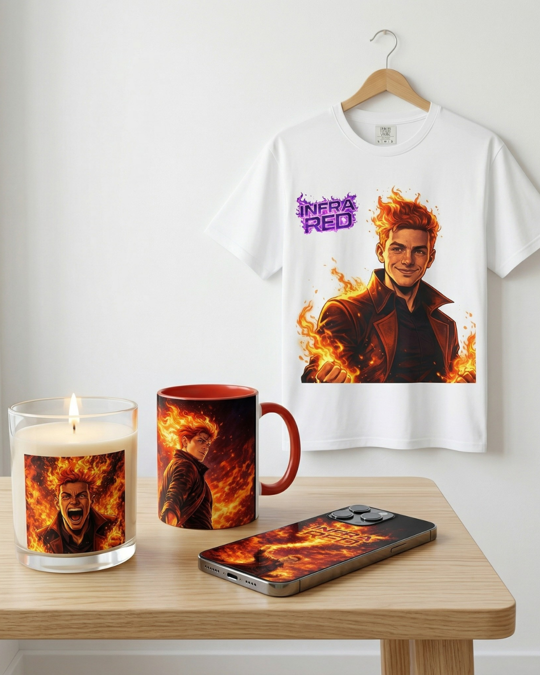 Personalized gift designer — your character on mugs, framed posters, t-shirts, phone cases, candles, and plush teddy bears