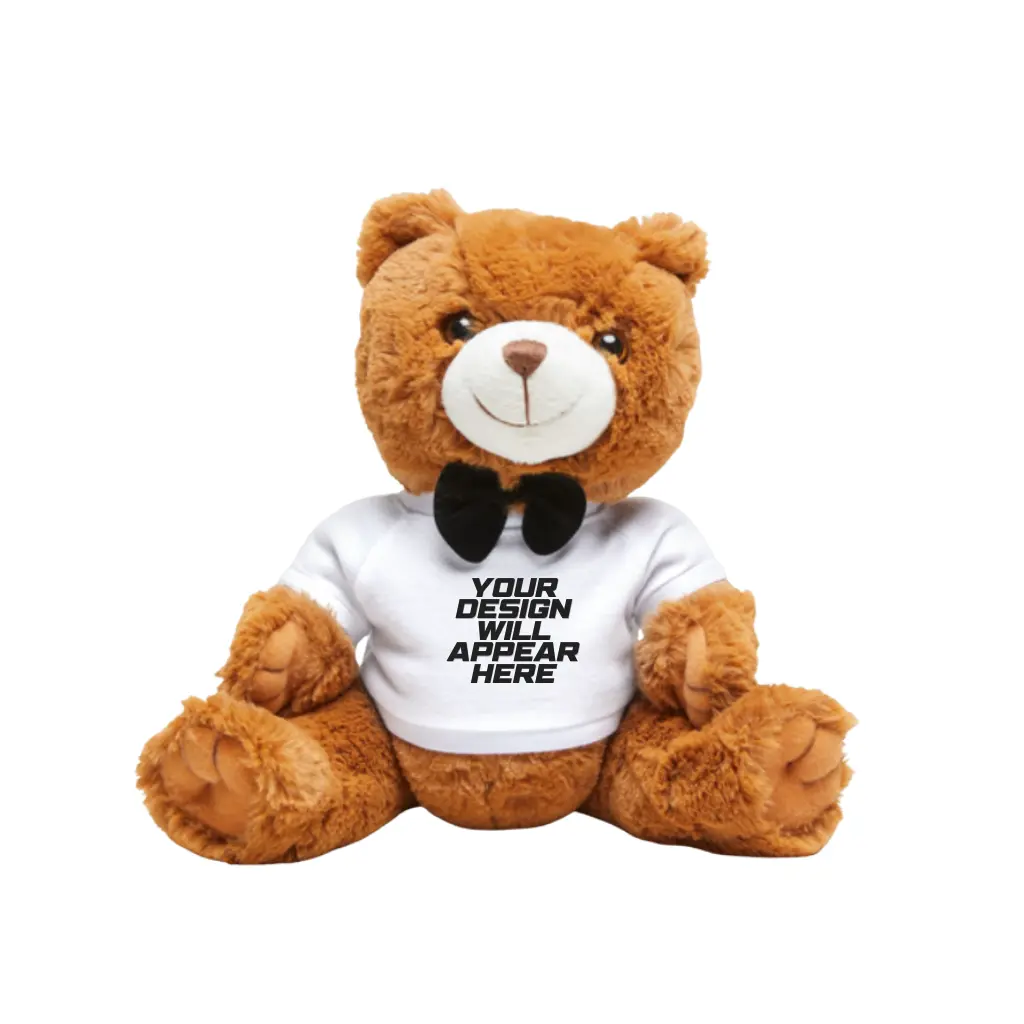 Plush teddy bear wearing a custom printed t-shirt
