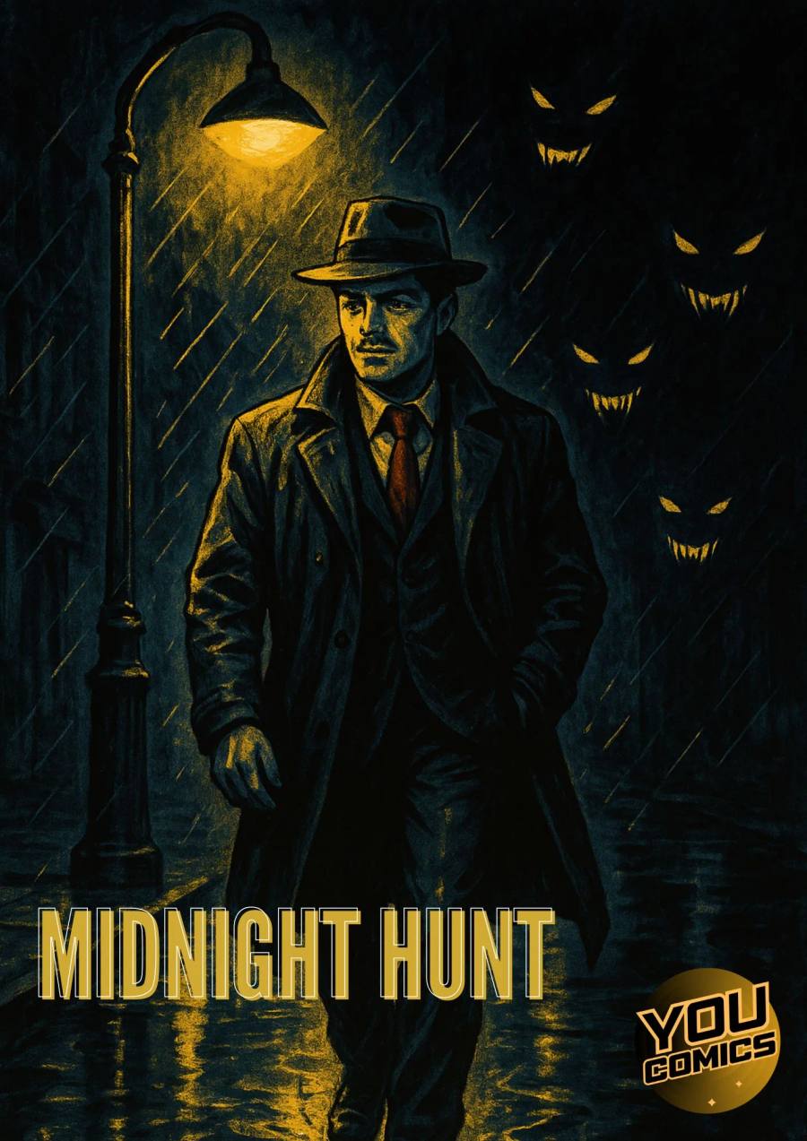 Noir mystery AI comic with dramatic shadows and atmospheric lighting