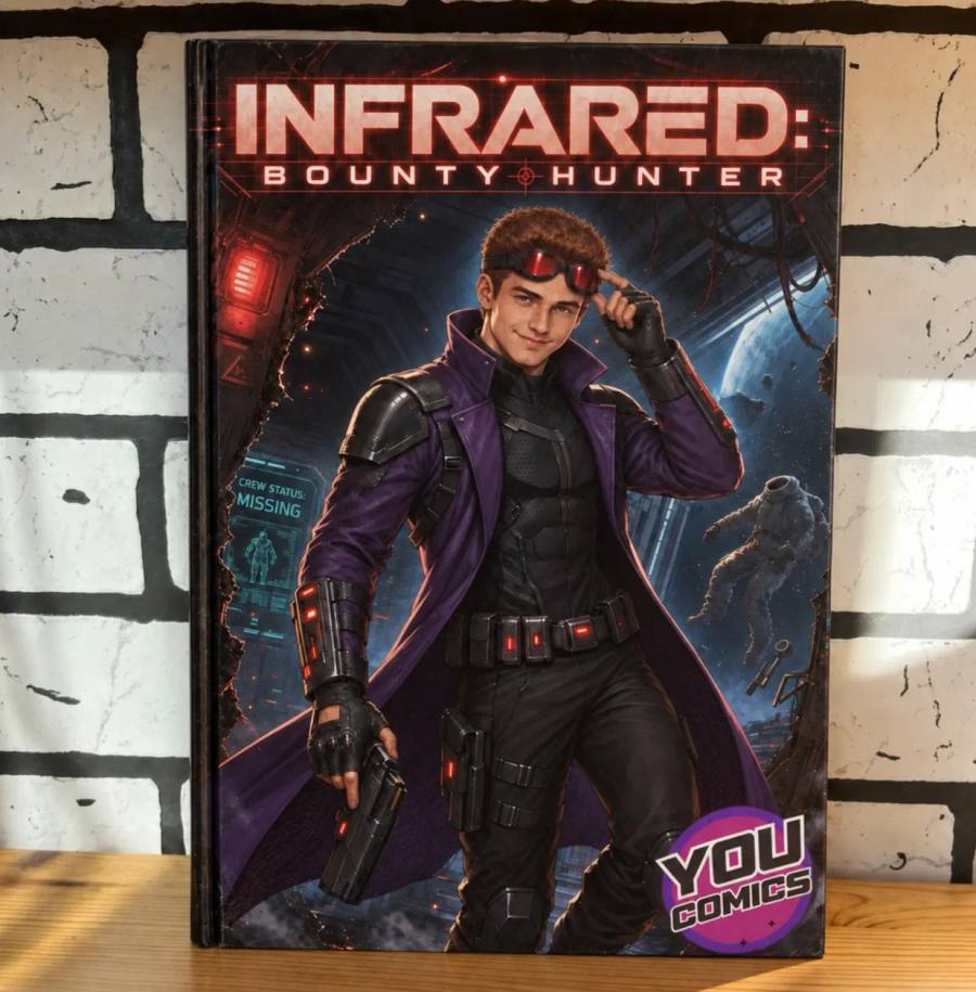 A personalized hardcover comic book called Infrared: Bounty Hunter standing on a table
