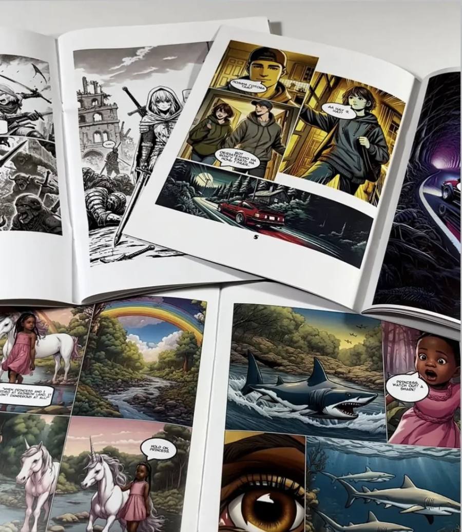 Personalized comic books open to their illustrated pages