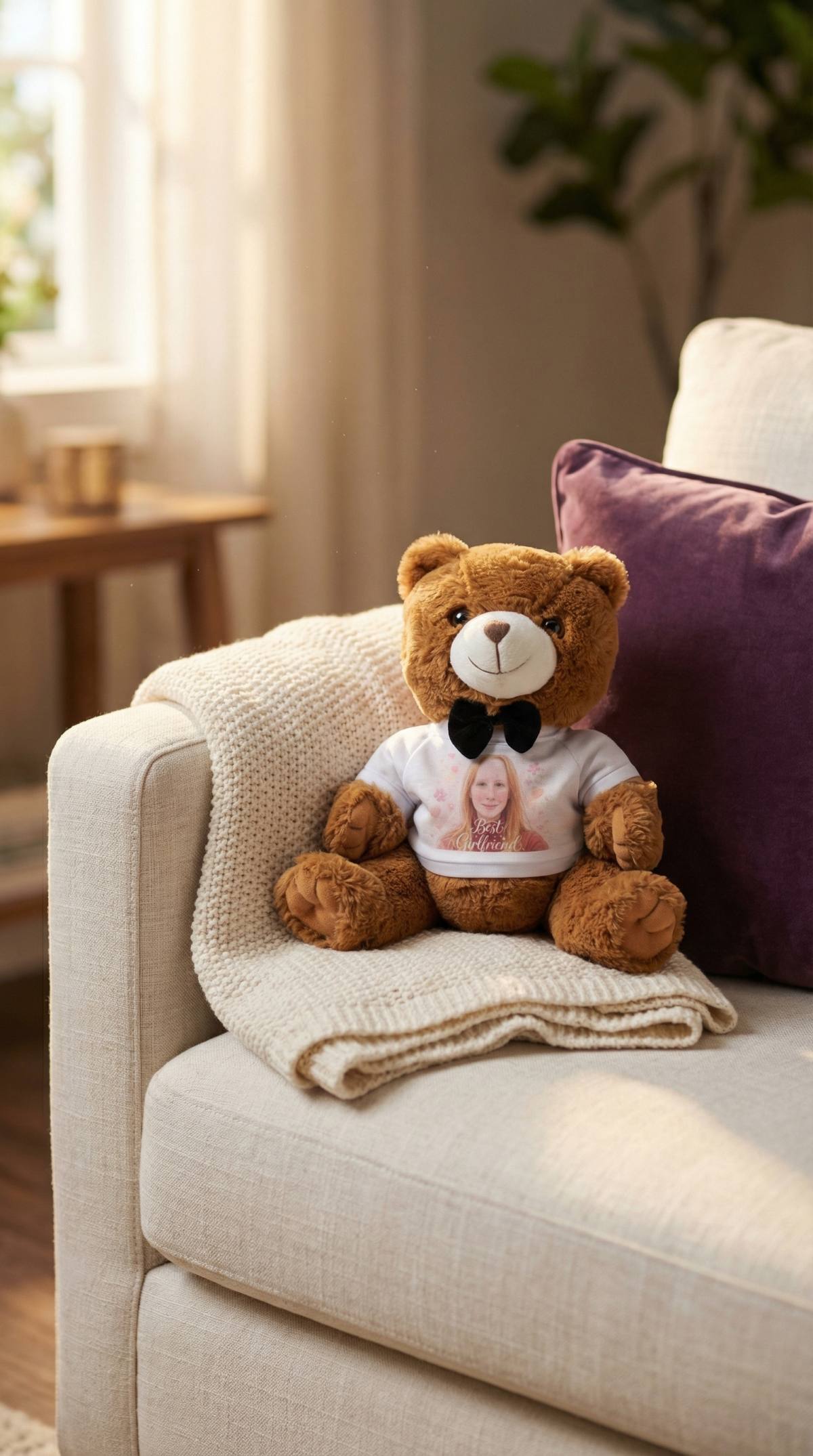 Personalized plush teddy bear with a custom-printed t-shirt, a heartfelt gift for birthdays and kids