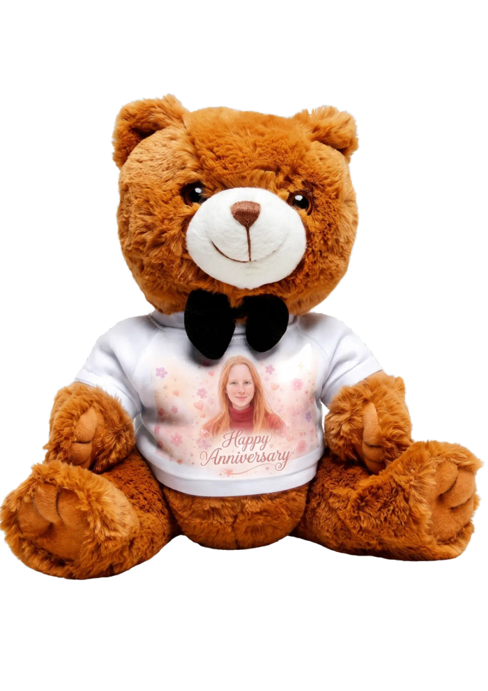 Personalized plush teddy bear wearing a printed t-shirt
